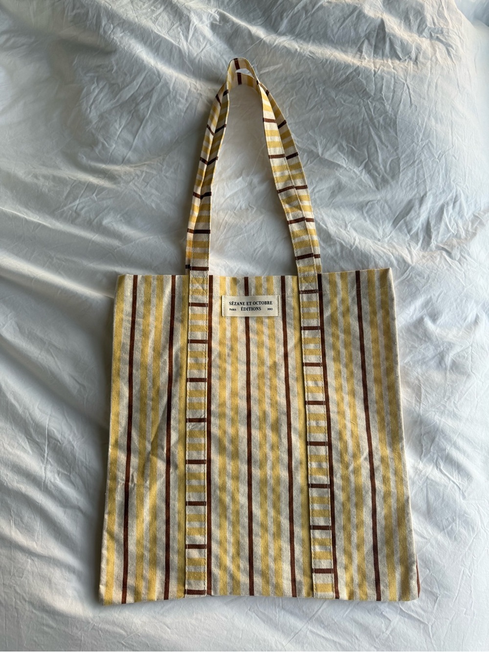 Sezane Striped Yellow & Brown Canvas Tote Bag